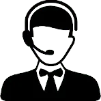 Home: Customer support agent icon with headset and bow tie, representing assistance and service.