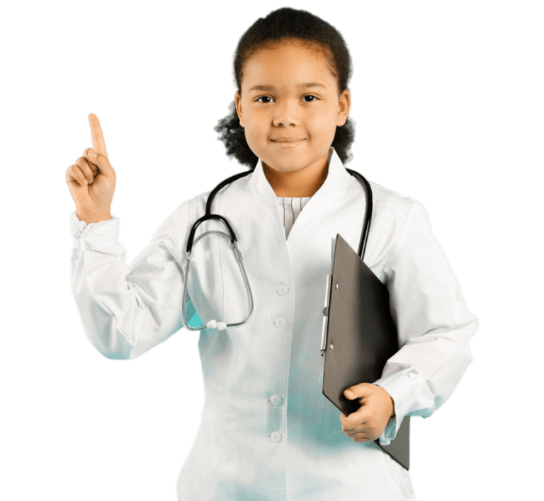 Enroll in Health Plans: Young doctor points up, promoting healthcare options. Secure your family's future!
