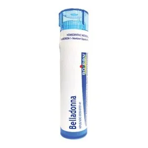 Belladonna 200C homeopathic medicine by Boiron, white tube with blue cap. Natural remedy.
