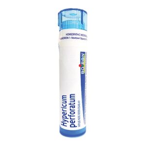 Hypericum perforatum 200C Boiron tube. Homeopathic medicine for nerve health and pain relief. Natural remedy.