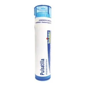 Pulsatilla 200C homeopathic medicine by Boiron, natural relief. White tube with blue cap.