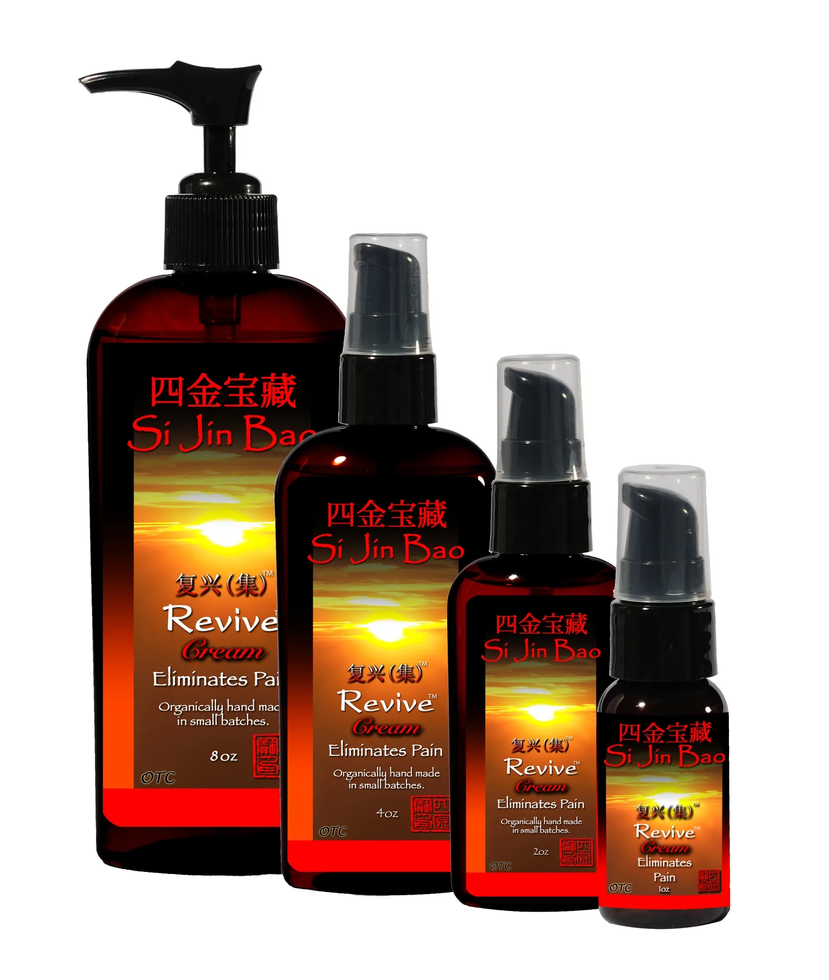 Revive OTC Cream group. Over-the-counter pain relief cream, Si Jin Bao, for pain elimination, various sizes.