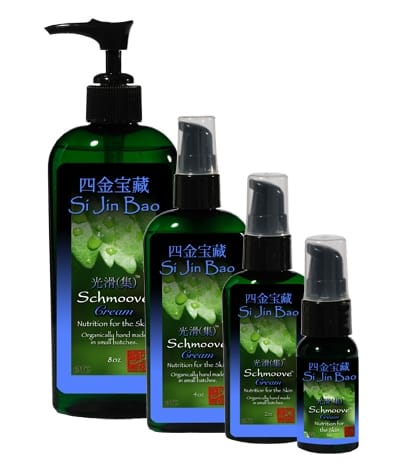 Schmoove Over-the-Counter skincare line featuring Si Jin Bao in varying sizes, for skin nutrition & organic hand made.