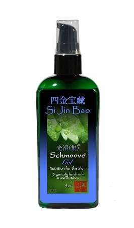 Schmoove Gel: Organically handmade skin nutrition in a green bottle with pump dispenser. Si Jin Bao skincare.